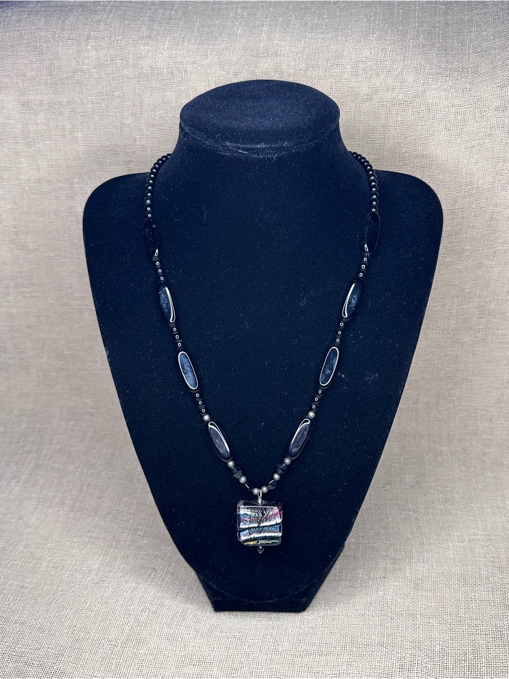 Black Art Glass Bead Necklace with Iridescent Pendant